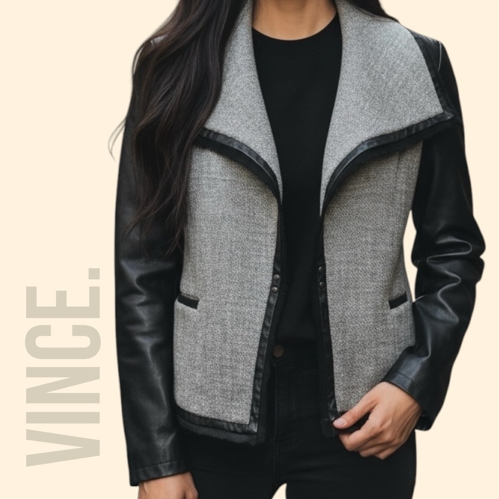 VINCE Womens Blazer Size 2 Heather Gray Black Leather Sleeves Shawl Collar NWOT